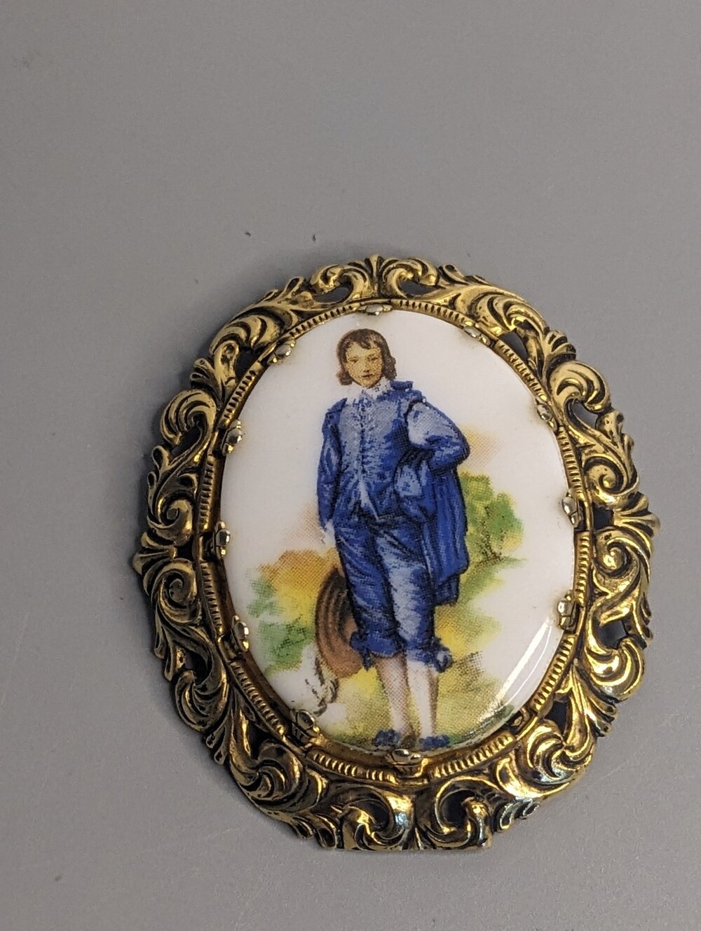 Mid Century Blue Boy Portrait Brooch Gold Filigree Oval Vintage Collectible